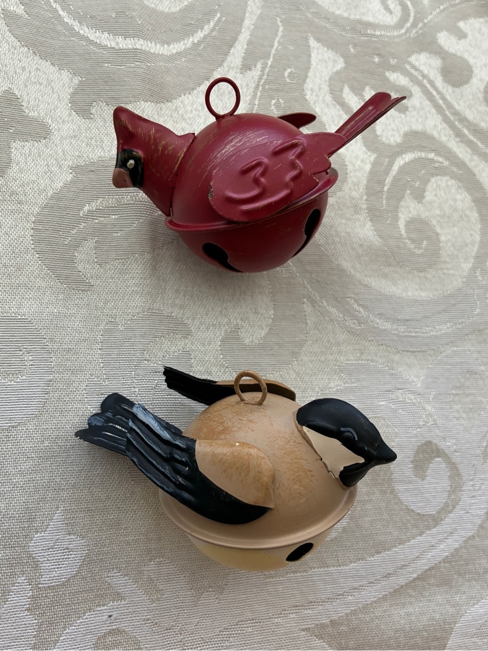 Pair of Two Bird Bell Holiday Ornaments Cardinal & Chickadee